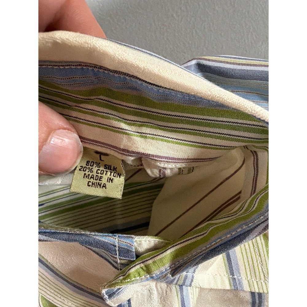 Tommy Bahama Shirt Mens Large Cream Blue Green Silk Cotton Striped Palm Jacquard - Picture 3 of 7